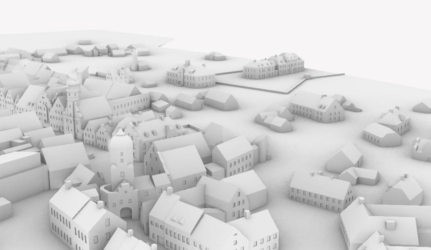 Aichach mit Blick auf das Obere Tor Richtung Spitalkirche: Screenshot aus dem einfach gerenderten CAD-Modell © Michael Leibl, Architekturmodelle