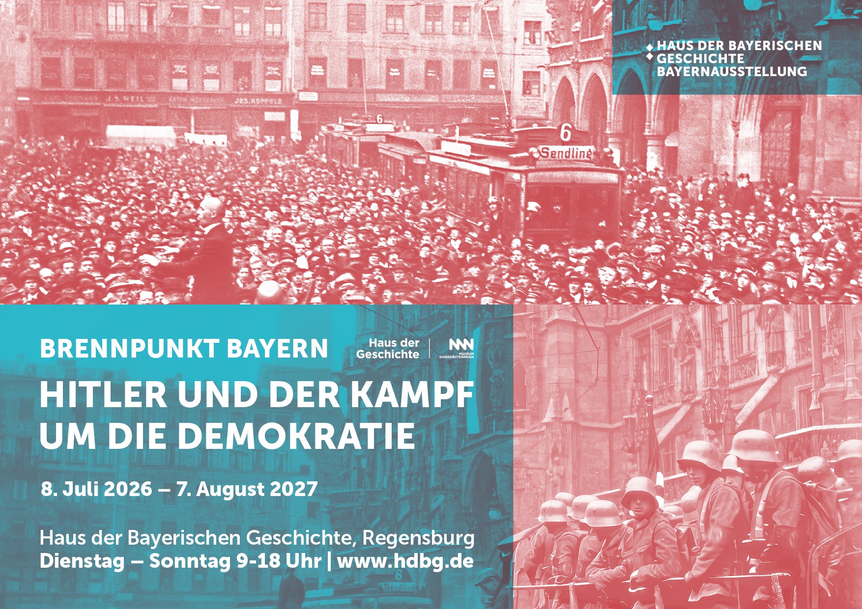 Ausstellungsmotiv der Bayernausstellung 2026: Menschenmenge während des Hitler-Putschs auf dem Münchner Marienplatz © Heinrich Hoffmann/Bayerische Staatsbibliothek/ Bundesarchiv, Bild 119-1486/ Haus der Bayerischen Geschichte